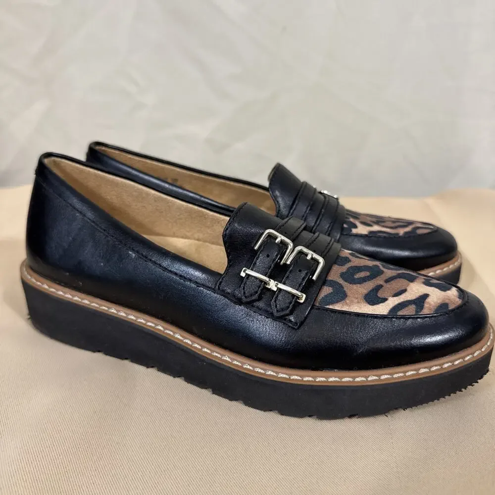 Naturalizer Morrison Loafers Womens 8.5 Black Leopard Double Buckle Lug Sole